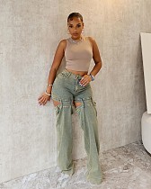 Women's street fashion vintage wash cut-out jeans LX-5538