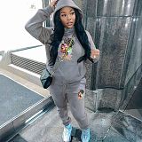 Sporty Women's Hoodie Printed Fleece Tracksuit 2 Pieces Sets DN-5999G1