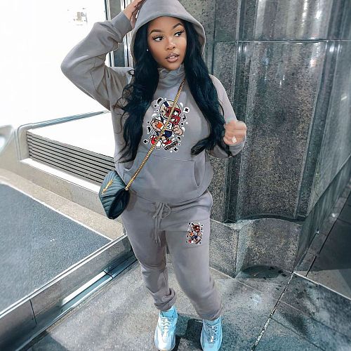 Women's Printed Hoodie Fleece Sporty Tracksuit 2 Pieces Sets DN-5999G9