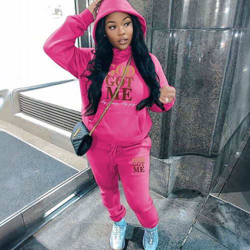 Women's Hoodie Casual Printed Fleece Tracksuit 2 Pieces Sets DN-5999G46