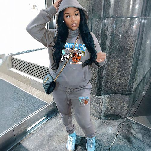 Leisure Women's Hoodie Printed Fleece Sporty Tracksuit 2 Pieces Sets DN-5999C7