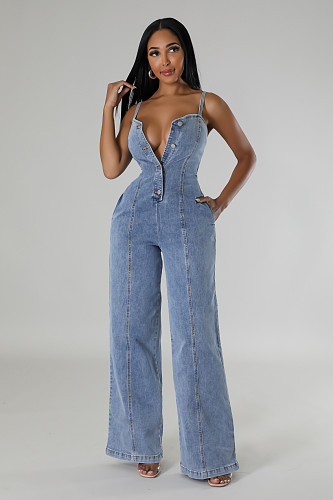 Sexy Women Low Cut Straps Denim Wide-leg Long Jumpsuit LX-6988