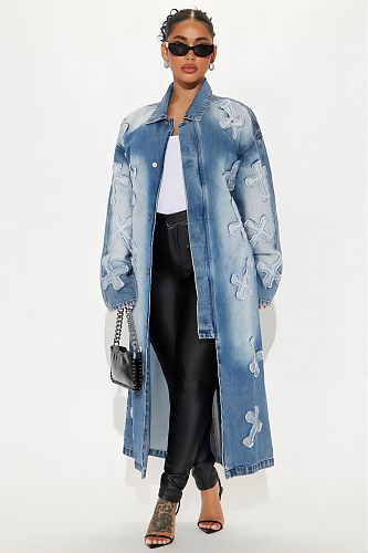 Women's Street Fashion Cross Embroidery Long Trench Coat LX-6033