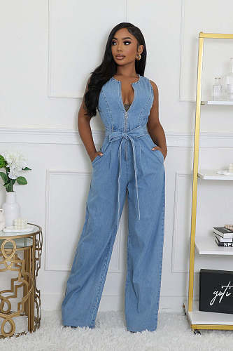 Women Sleeveless Zipper Denim Straight Long Jumpsuit LX-6990
