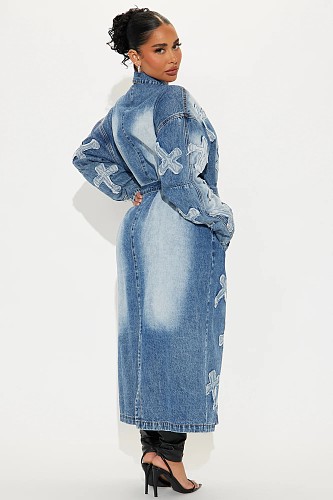 Women's Street Fashion Cross Embroidery Long Trench Coat LX-6033