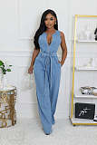 Women Sleeveless Zipper Denim Straight Long Jumpsuit LX-6990
