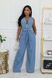 Women Sleeveless Zipper Denim Straight Long Jumpsuit LX-6990