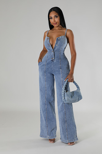 Sexy Women Low Cut Straps Denim Wide-leg Long Jumpsuit LX-6988