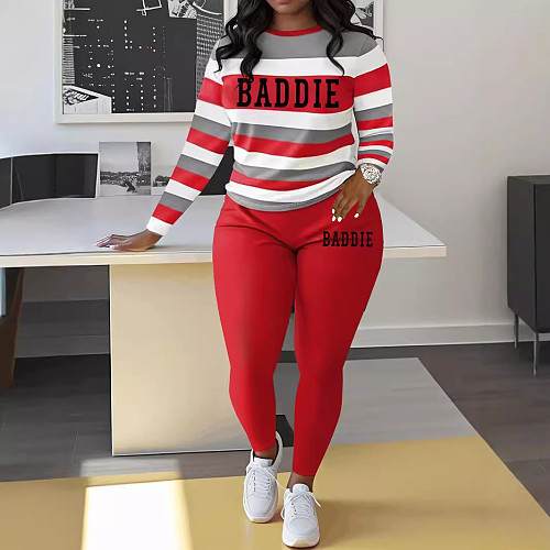Fashion Stripes Letter Print Round Neck Women 2 Pieces Sets ZNN-SMC035