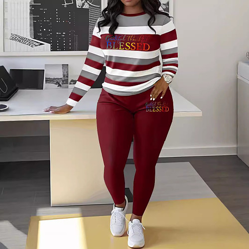 Fashion Stripes Letter Print Round Neck Women 2 Pieces Sets ZNN-SMC001