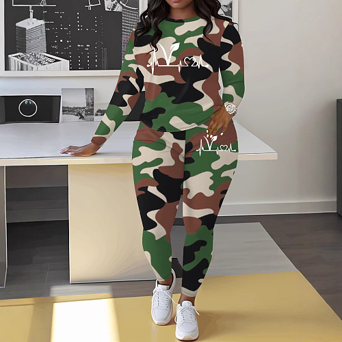 Women Camo Print Round Collar Full Sleeves Casual Two-piece Set ZNN-SME013