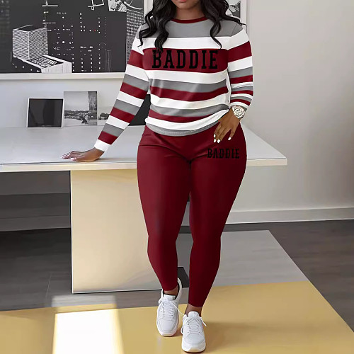 Fashion Stripes Letter Print Round Neck Women 2 Pieces Sets ZNN-SMC035