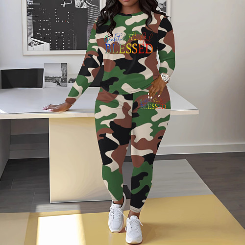 Women Camo Print Round Collar Full Sleeves Casual Two-piece Set ZNN-SME014