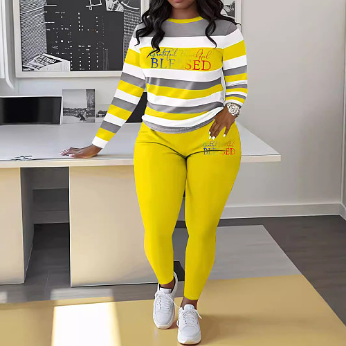 Fashion Stripes Letter Print Round Neck Women 2 Pieces Sets ZNN-SMC001