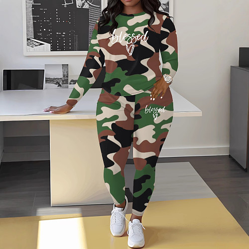 Women Camo Print Round Collar Full Sleeves Casual Two-piece Set ZNN-SME016