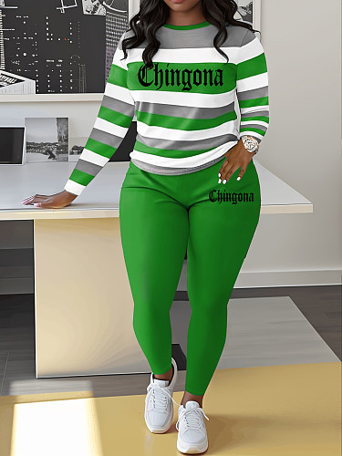 Fashion Stripes Letter Print Round Neck Women 2 Pieces Sets ZNN-SMC027