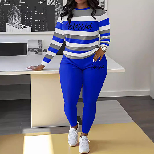 Fashion Stripes Letter Print Round Neck Women 2 Pieces Sets ZNN-SMC004