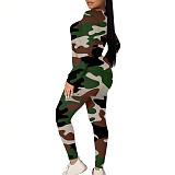 Women Camo Print Round Collar Full Sleeves Casual Two-piece Set ZNN-SME005