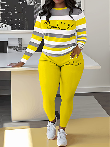 Fashion Stripes Letter Print Round Neck Women 2 Pieces Sets ZNN-SMC034