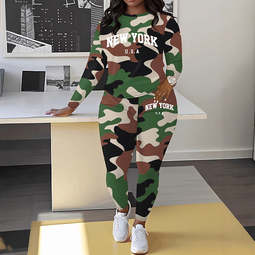 Women Camo Print Round Collar Full Sleeves Casual Two-piece Set ZNN-SME009