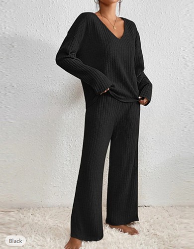 Women v-neck loose casual pit strip long sleeve two pieces suits HX-4818