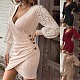 Solid color V-neck slim sexy long-sleeved tight wrap hip mini dress HX-8862