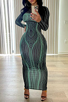 Women's long-sleeved crew neck print slim-fit wrap maxi dress HX-1349