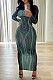 Women's long-sleeved crew neck print slim-fit wrap maxi dress HX-1349