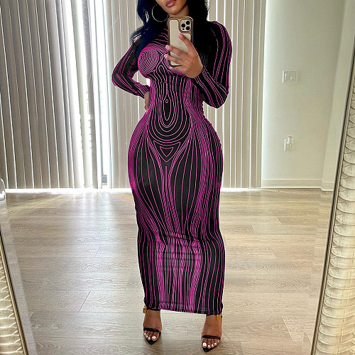 Women's long-sleeved crew neck print slim-fit wrap maxi dress HX-1349