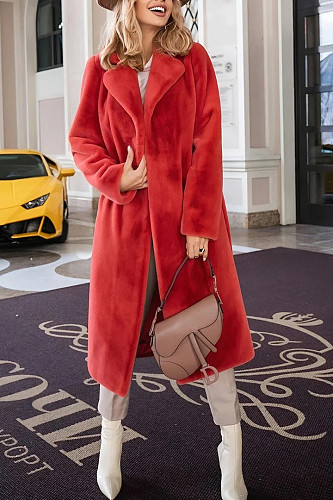Women's elegant lace-up lapel plush long coat HX-1076