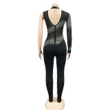 Sexy Women Perspective Mesh Hot Drilling Patchwork One Shoulder Jumpsuit BY-5336