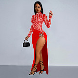 Sexy Lady Perspective Long Sleeve Hot Drilling Split Maxi Dress BY-7119
