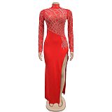Sexy Lady Perspective Long Sleeve Hot Drilling Split Maxi Dress BY-7119
