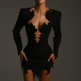 Black Women Deep-V Long Sleeve Package Hips Mini Dresses SXE-K24D57809