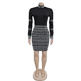 Fashion Women Long Sleeve Hot Drilling Package Hip Mini Dresses BY-7138