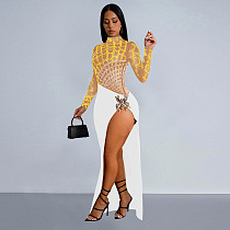 Sexy Lady Perspective Long Sleeve Hot Drilling Split Maxi Dress BY-7119