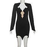 Black Women Deep-V Long Sleeve Package Hips Mini Dresses SXE-K24D57809