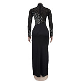 Sexy Lady Perspective Long Sleeve Hot Drilling Split Maxi Dress BY-7119