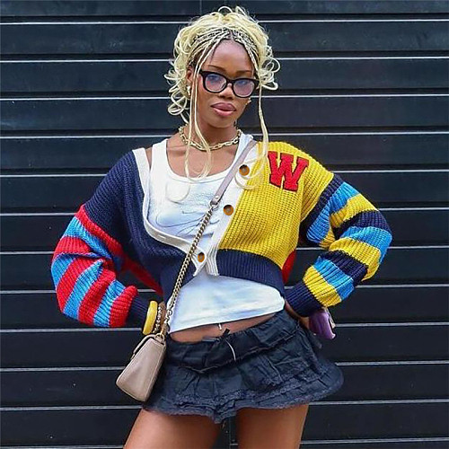 Women's fashion colorful letter knitted button short long-sleeved coat DLS-W24L52789