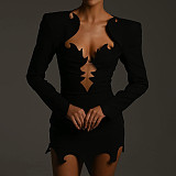 Black Women Deep-V Long Sleeve Package Hips Mini Dresses SXE-K24D57809