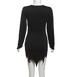 Black Women Deep-V Long Sleeve Package Hips Mini Dresses SXE-K24D57809