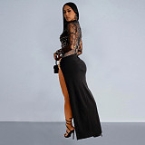 Sexy Lady Perspective Long Sleeve Hot Drilling Split Maxi Dress BY-7119
