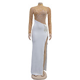 Sexy Lady Perspective Long Sleeve Hot Drilling Split Maxi Dress BY-7119