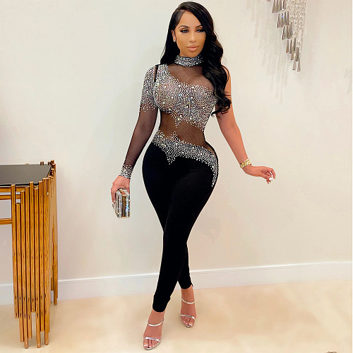 Sexy Women Perspective Mesh Hot Drilling Patchwork One Shoulder Jumpsuit BY-5336