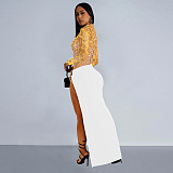 Sexy Lady Perspective Long Sleeve Hot Drilling Split Maxi Dress BY-7119