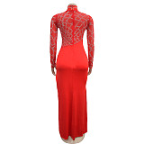 Sexy Lady Perspective Long Sleeve Hot Drilling Split Maxi Dress BY-7119