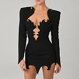 Black Women Deep-V Long Sleeve Package Hips Mini Dresses SXE-K24D57809