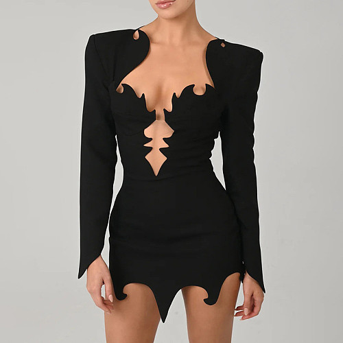 Black Women Deep-V Long Sleeve Package Hips Mini Dresses SXE-K24D57809