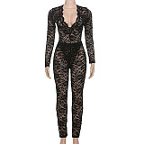 Sexy Deep-V Long Sleeve Bodysuit And Long Pants Women 2 Pieces Set SXE-K24S59671
