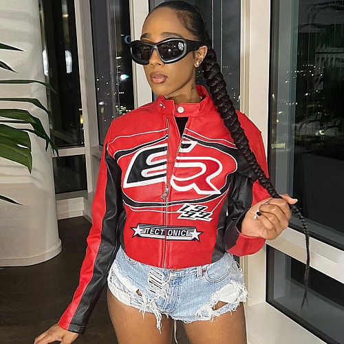 Sexy crop zipper top color contrast embroidery short fashion jacket SXE-K24C56529